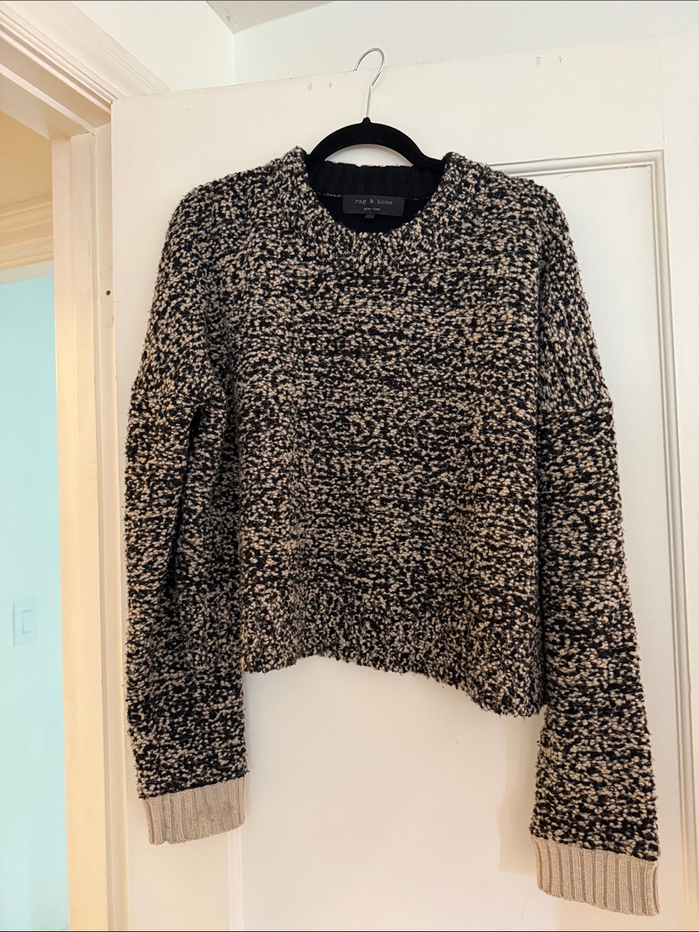 Rag & Bone Black and Cream Marled Crew Sweater